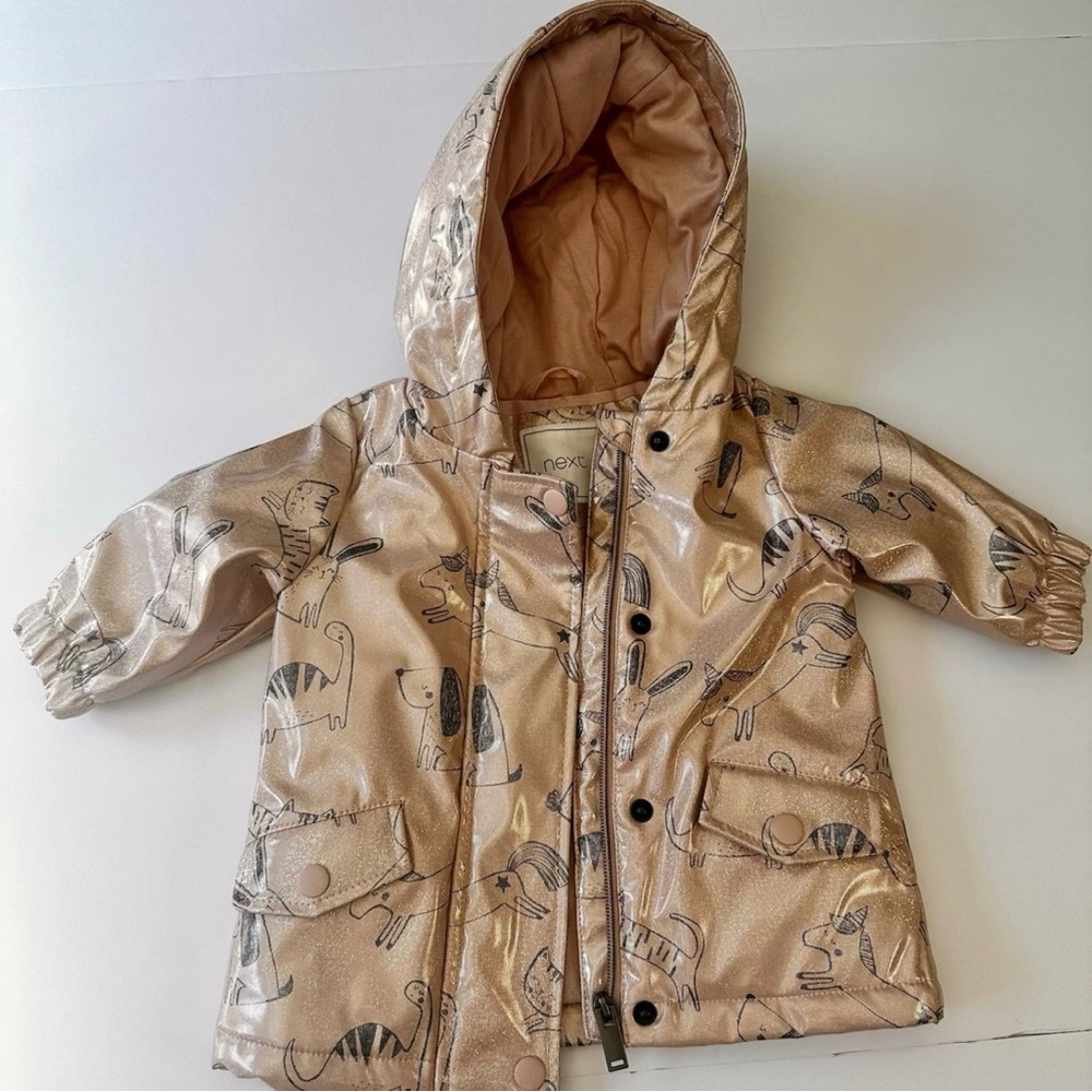 NEXT uk Baby Girls 3-6 Mo Animal Print Sparkly Cotton Fleece Lined Raincoat